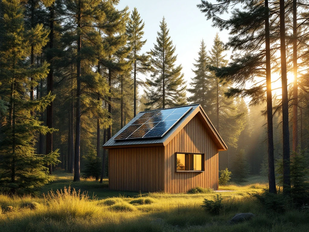 Puinen mökki havumetsässä, aurinkopaneeli katolla kimmeltää auringonvalossa. Minimalistinen tyyli ja ikkunasta tuleva lämmin hehku.