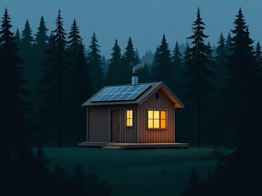 Pieni puumökki aurinkopaneeleilla metsän keskellä hämärässä. Ikkunasta kajastaa valo ja savupiipusta nousee savu. Yksinkertainen, rauhallinen off-grid-elämää kuvaava näkymä.