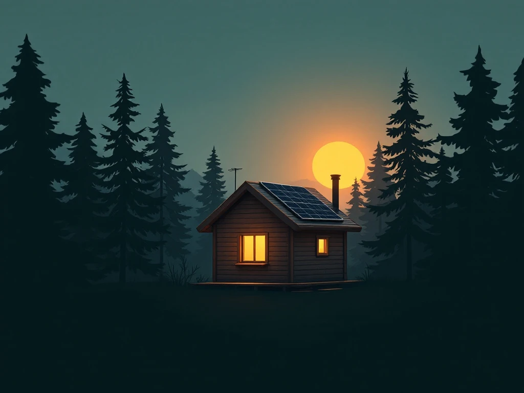 Puumökki mäntymetsässä hämärässä, aurinkopaneeli katolla keräämässä viimeisiä auringonsäteitä. Lämpimästi valaistu ikkuna viittaa omavaraisuuteen.