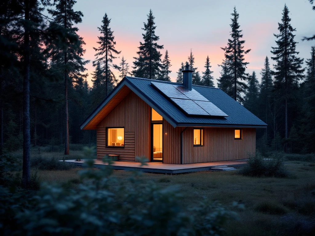 Minimalistinen puumökki suomalaisessa metsäaukiossa hämärässä, aurinkopaneelit katolla keräämässä viimeisiä auringonsäteitä, lämmin valo ikkunoista.