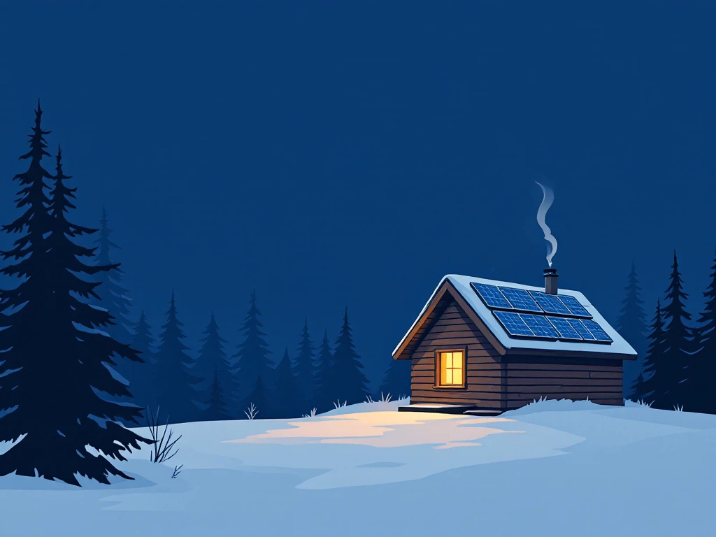 Puinen eräkämppä lumisessa metsässä hämärän aikaan, aurinkopaneelit katolla, lämmin valo ikkunasta ja savua piipusta nousemassa sinistä taivasta vasten.